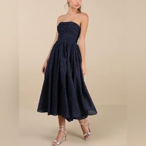 Lulus Analeia Dark Navy Jacquard Lace-Up Strapless Midi Dress Size S